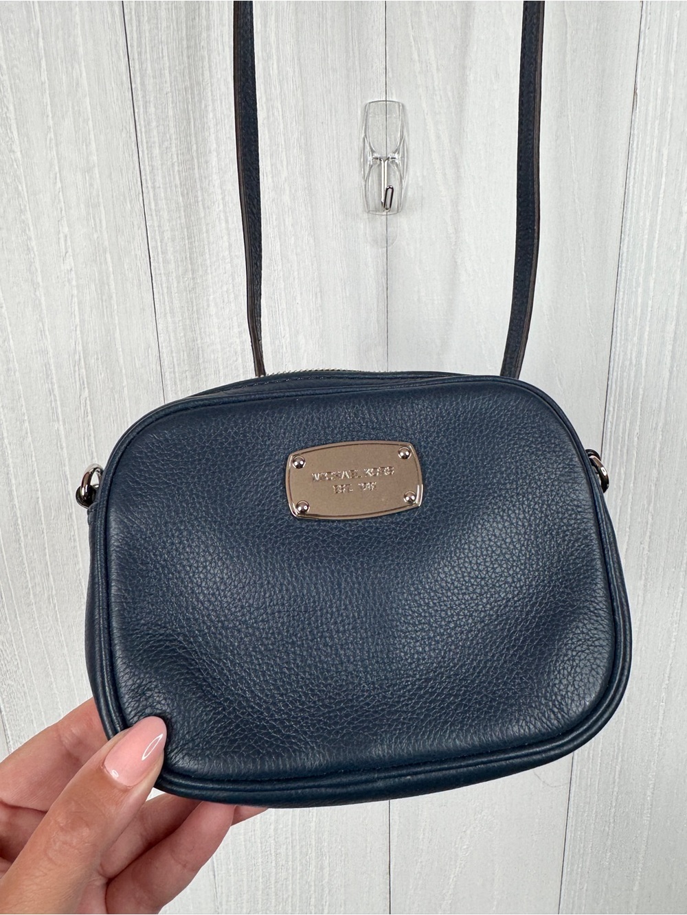Michael Kors Navy Pebbled Leather Mini Crossbody with Silver Logo Plate